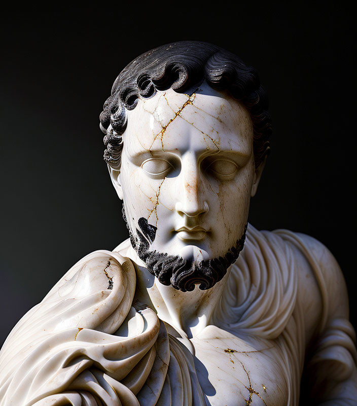 Classical marble statue of man with curly hair and visible cracks