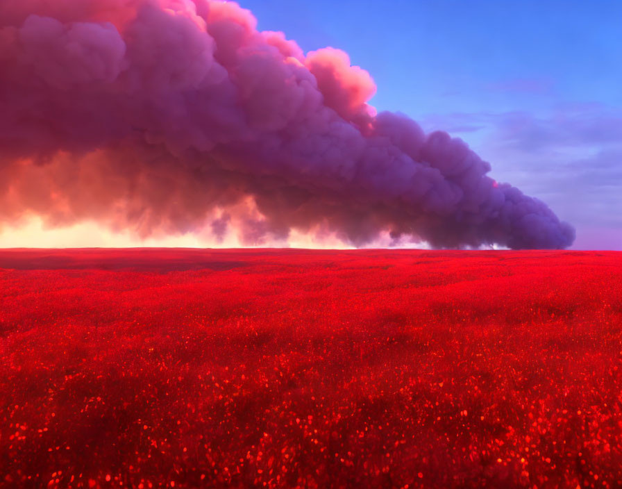 Vast Red Field Under Dramatic Sky with Dark Smoke Plume