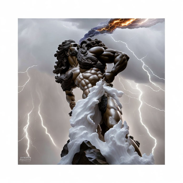 Muscular Male Figure Sculpture on Rocks with Lightning Bolts