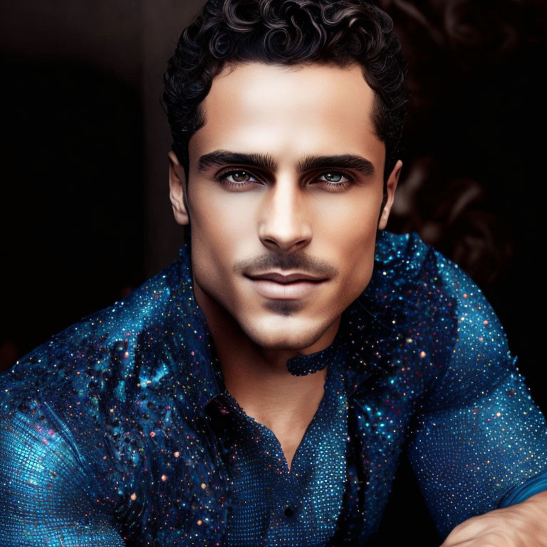 Man with Curly Hair and Sharp Facial Features in Blue Shirt