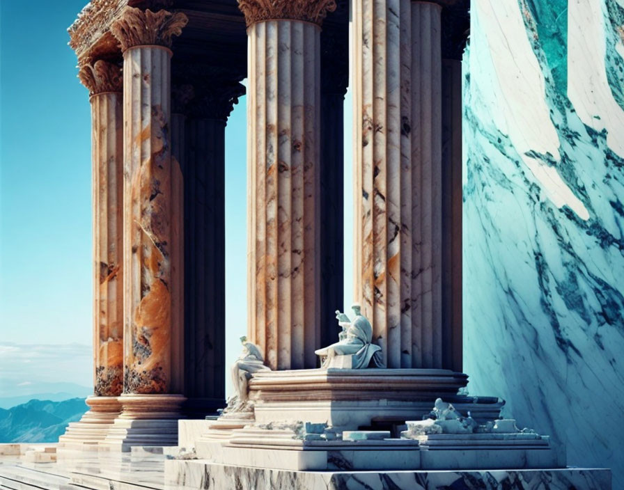 Classical architecture scene with marbled columns, seated statue, mountainous backdrop