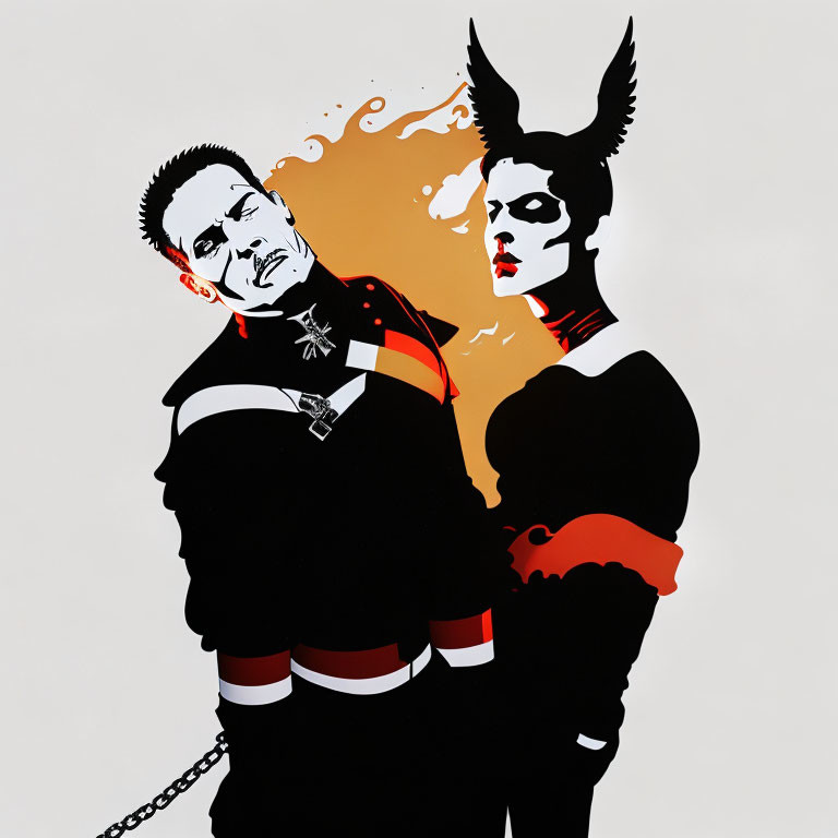 Stylized figures with punk hairstyle and bat-like ears against orange backdrop