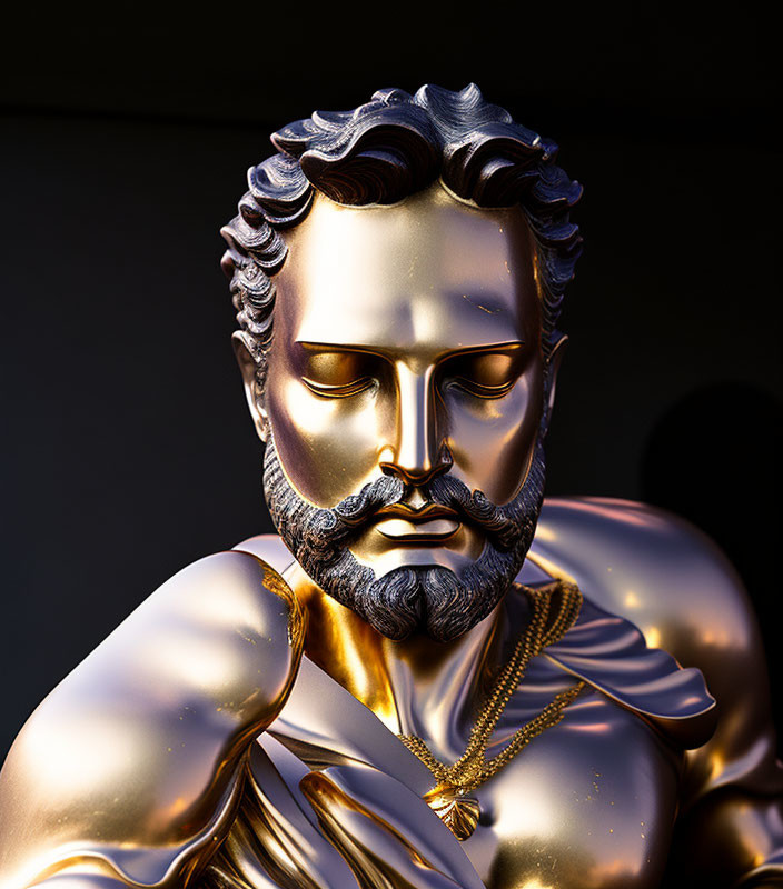 Golden Bust of Bearded Man with Detailed Hair and Necklace on Dark Background