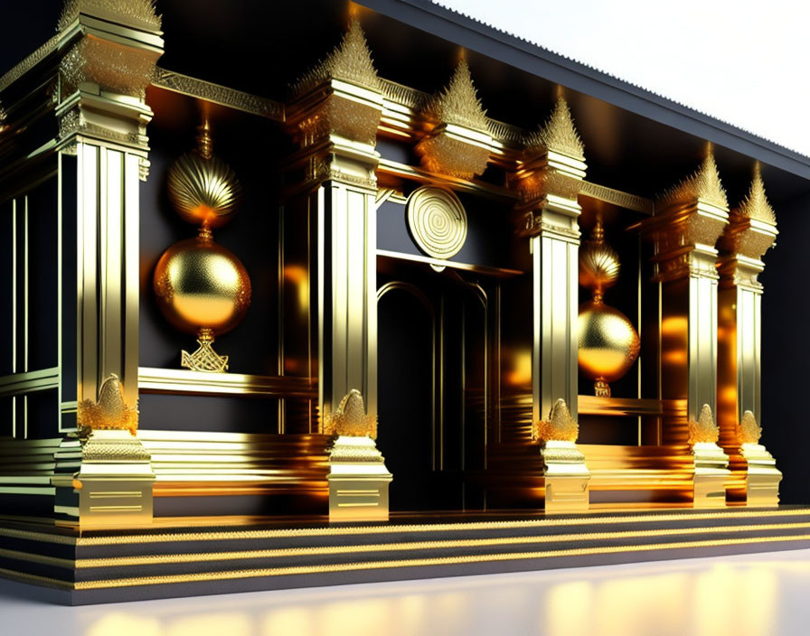 Opulent Hall 3D Rendering with Golden Pillars & Intricate Designs