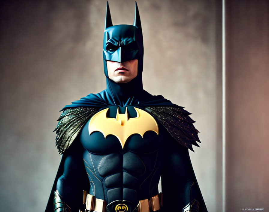 Detailed Batman costume with black cowl, cape, and bat emblem on chest in soft-focus background