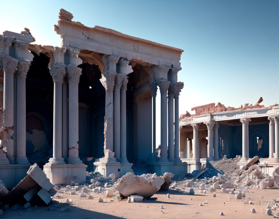 Digital artwork of crumbling classical columns and ruins under a blue sky