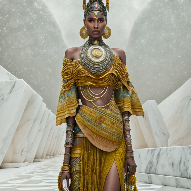 Regal figure in golden attire on white steps against cosmic sky