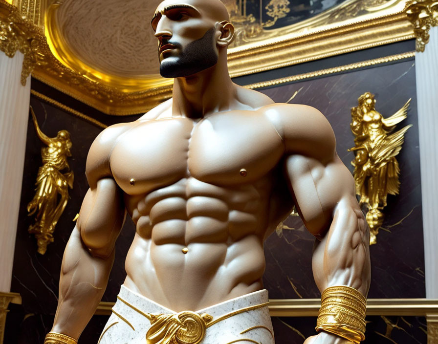 Muscular male mannequin in white and gold attire on ornate golden backdrop