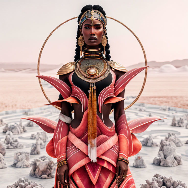 Majestic woman adorned in gold jewelry and red attire in desert landscape