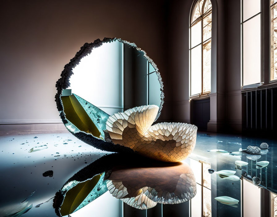 Broken mirror art installation in elegant room with intricate frame and reflections.