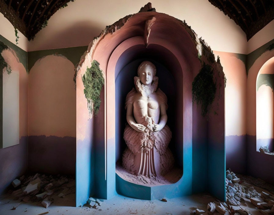 Abandoned building with statue of woman in niche and sand - pink walls and ornate details