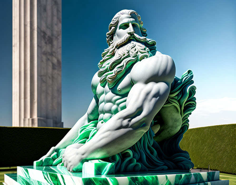 Vibrant green statue of reclining male figure against column