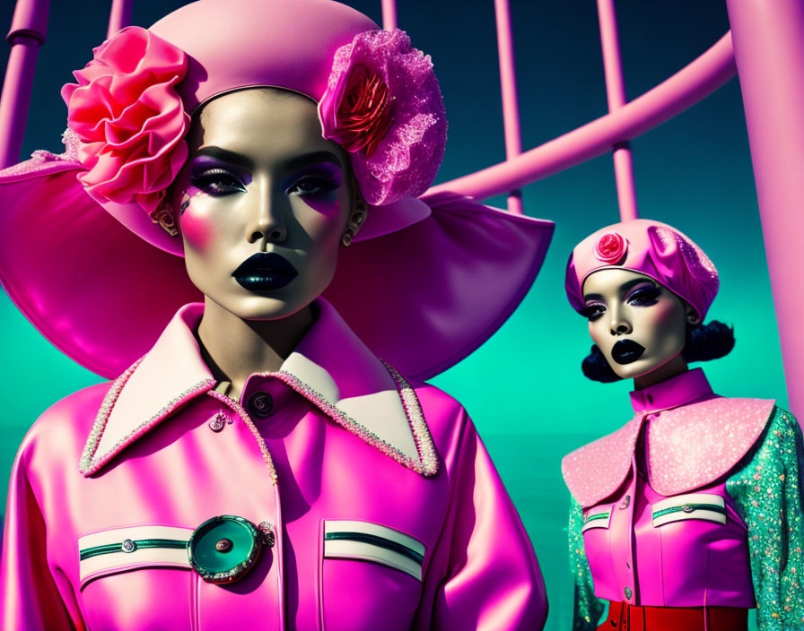 Stylized female figures in pink vintage outfits with oversized hats and floral accessories on turquoise backdrop.