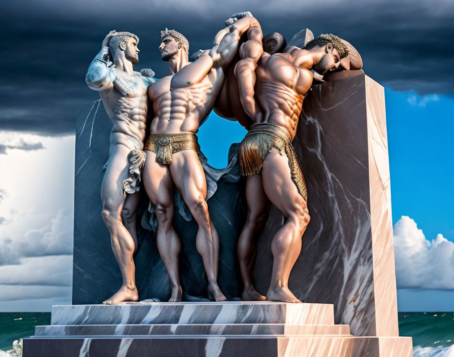 Intricately detailed sculpture of four muscular men back-to-back against dramatic sky and ocean.