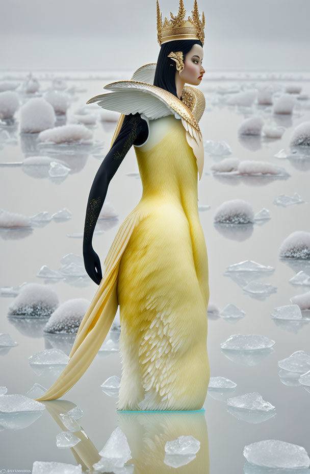 Surreal image: Woman with penguin body in icy waters