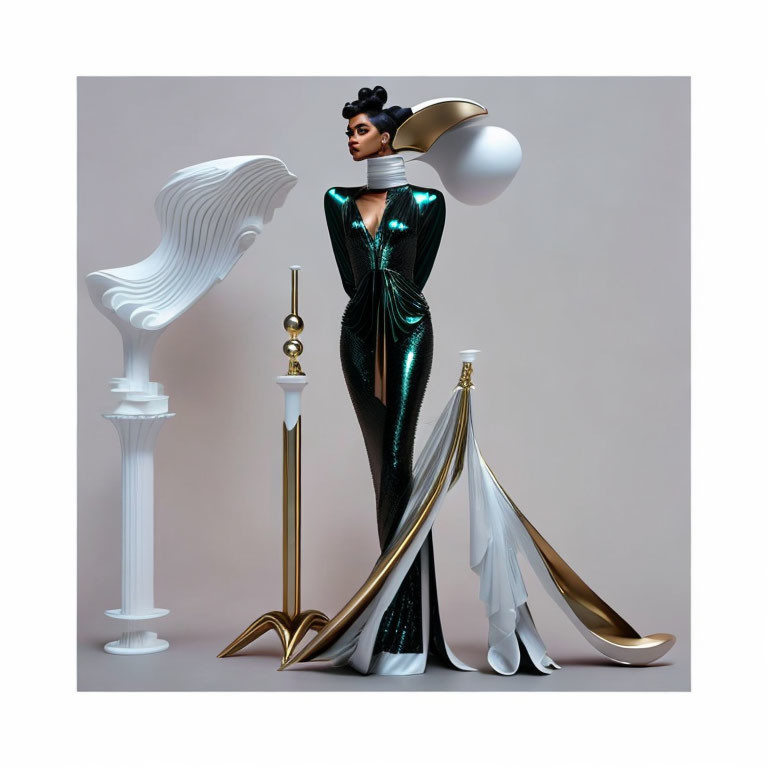 Futuristic black and green gown with sleek hairstyle next to abstract sculptures