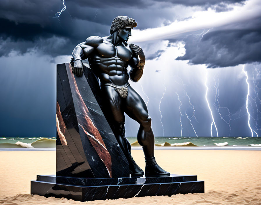 Muscular man bronze statue on marble pedestal at beach with stormy skies.