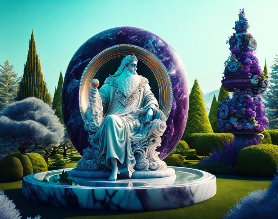 Majestic figure on throne in surreal garden with vibrant flora