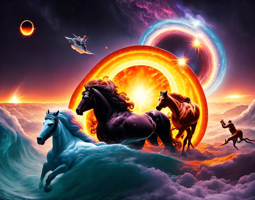 Vibrant nebula with ethereal horses and glowing ring