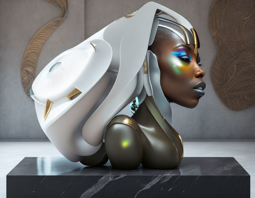 Futuristic woman with cybernetic enhancements and white headgear on grey backdrop