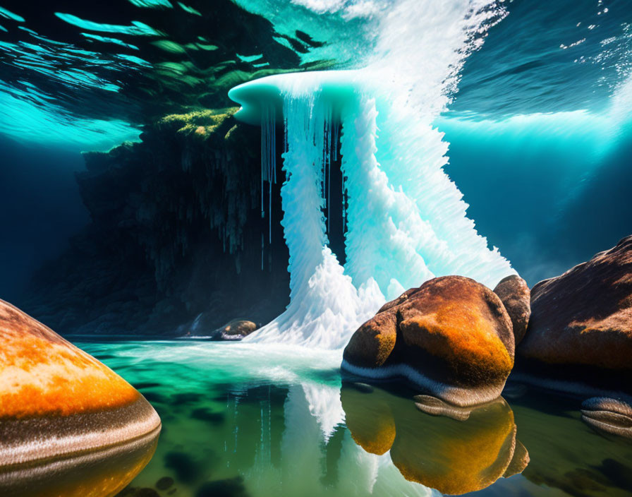 Sunlit underwater ice formation with icicles and greenish rocks.