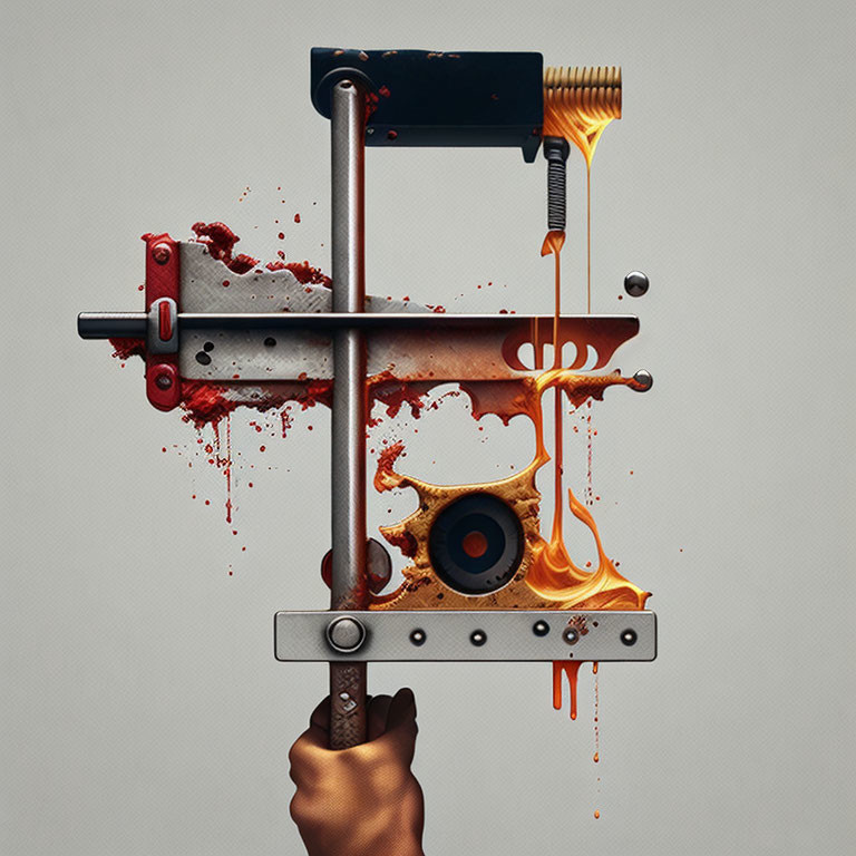 Surrealist image of hand holding complex device with hammer and viscous liquids