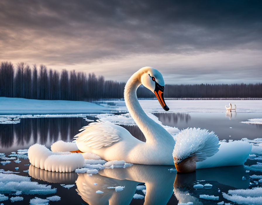 Graceful white swan on calm lake with ice patches and trees reflecting at dusk