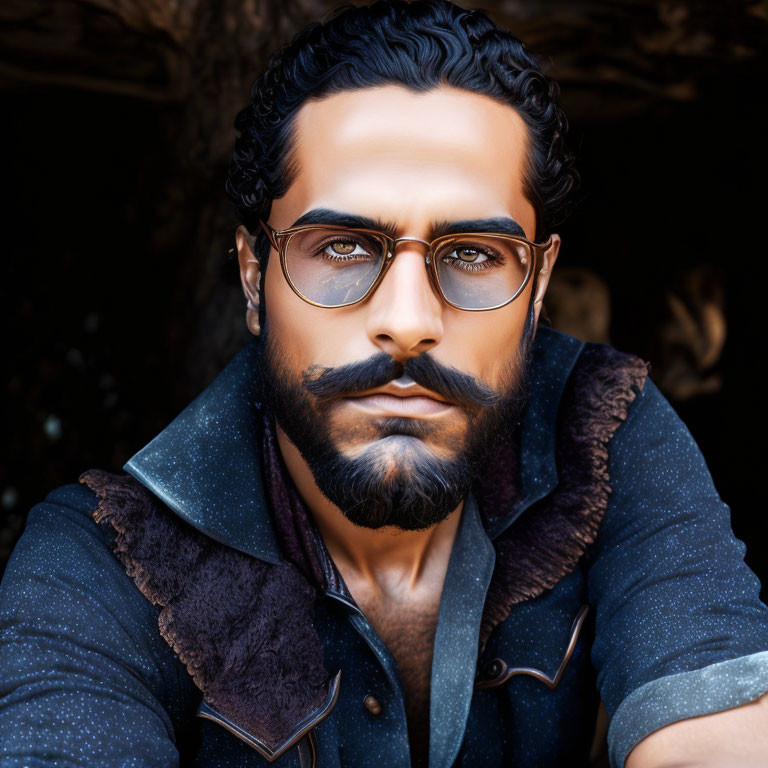 Digital portrait of man with dark hair, beard, glasses, blue shirt, brown fur-lined coat