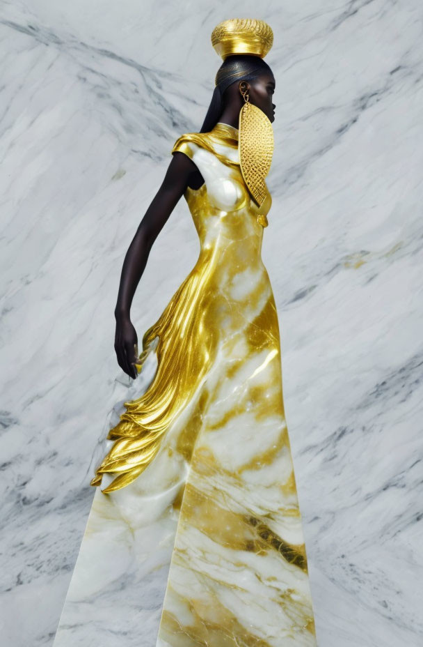 Elegant person in white and gold dress against marble backdrop