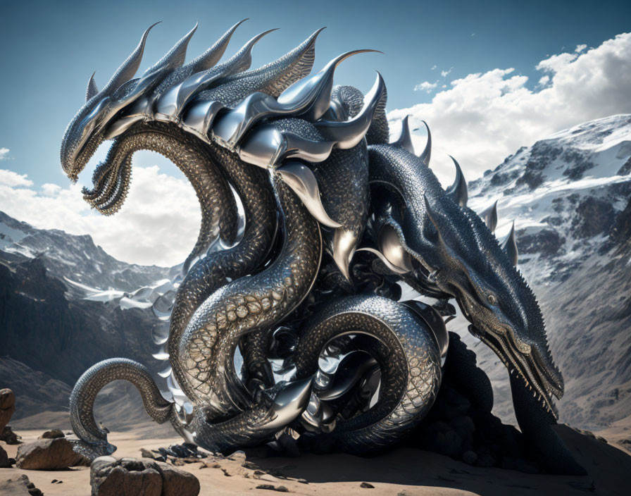 Metallic Dragon in Rocky Landscape with Snowy Mountains