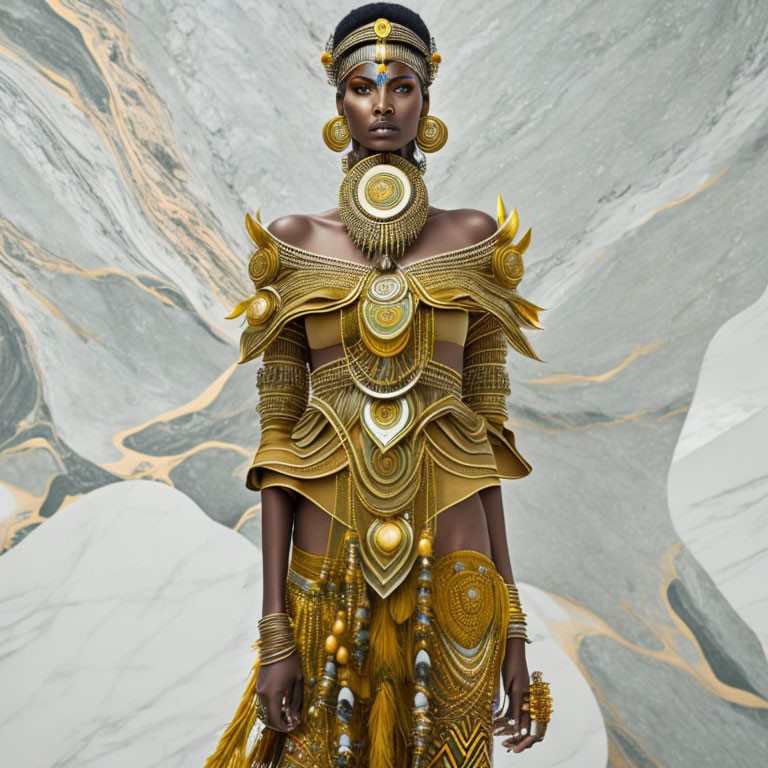 Regal woman in golden jewelry against marbled backdrop