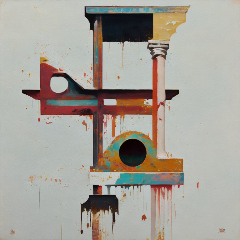 Abstract painting with architectural elements: column, arches, and paint drips in browns, red