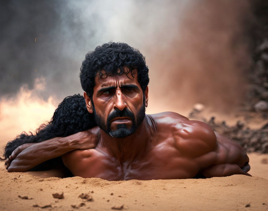 Muscular man buried in sand holding another person in hazy background