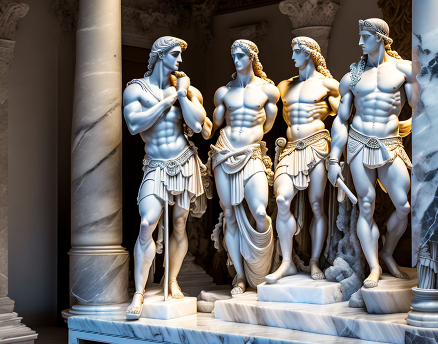 Row of Classical Statues Depicting Muscular Figures in Draped Clothing