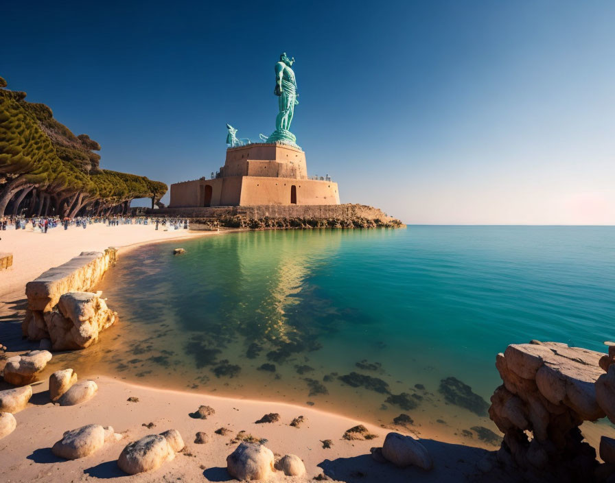 Giant statue on sandy fortification by turquoise sea