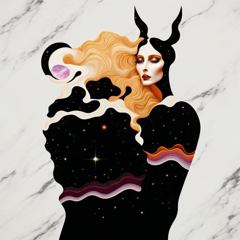 Stylized woman with horns and celestial hair in starry night sky on marble background