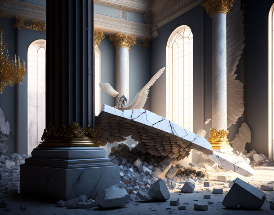 Classical interior with broken columns and winged statue fragment in surreal scene