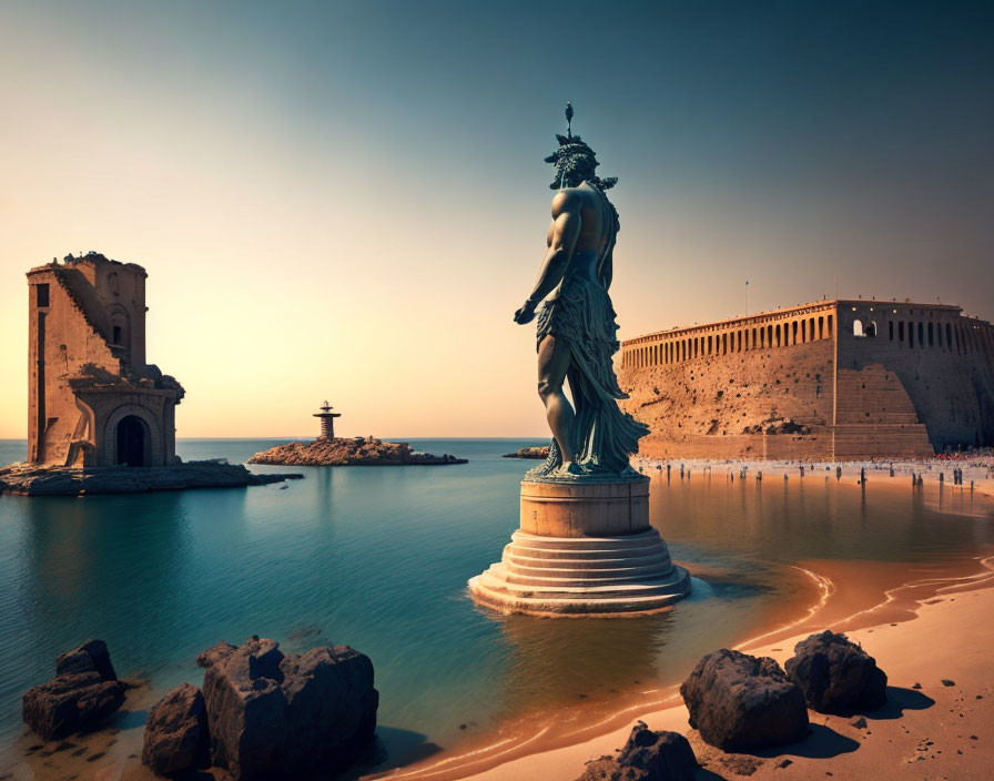 Tranquil sunset beachscape with Neptune statue, archway ruin, fortress wall, calm sea,