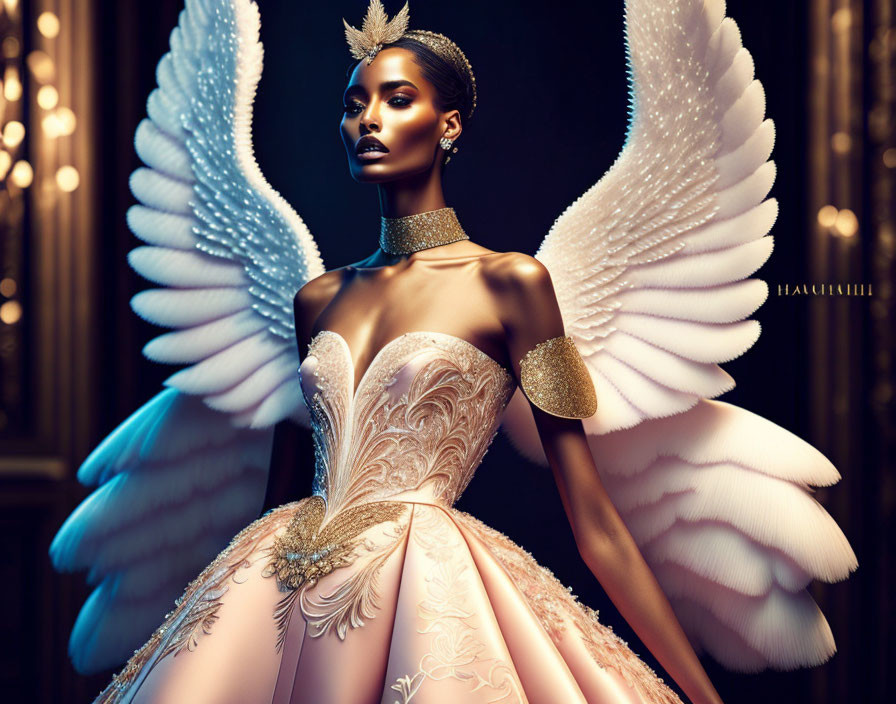 Model with angel wings in ornate crown and gown in opulent setting