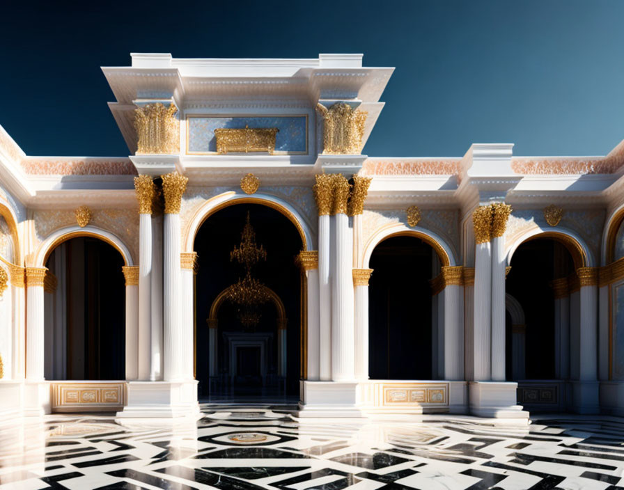 Opulent classical architecture with gold-accented columns and intricate floor design