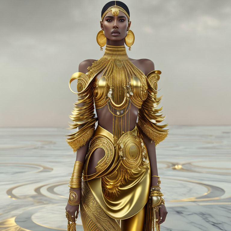 Regal figure in golden armor against misty backdrop