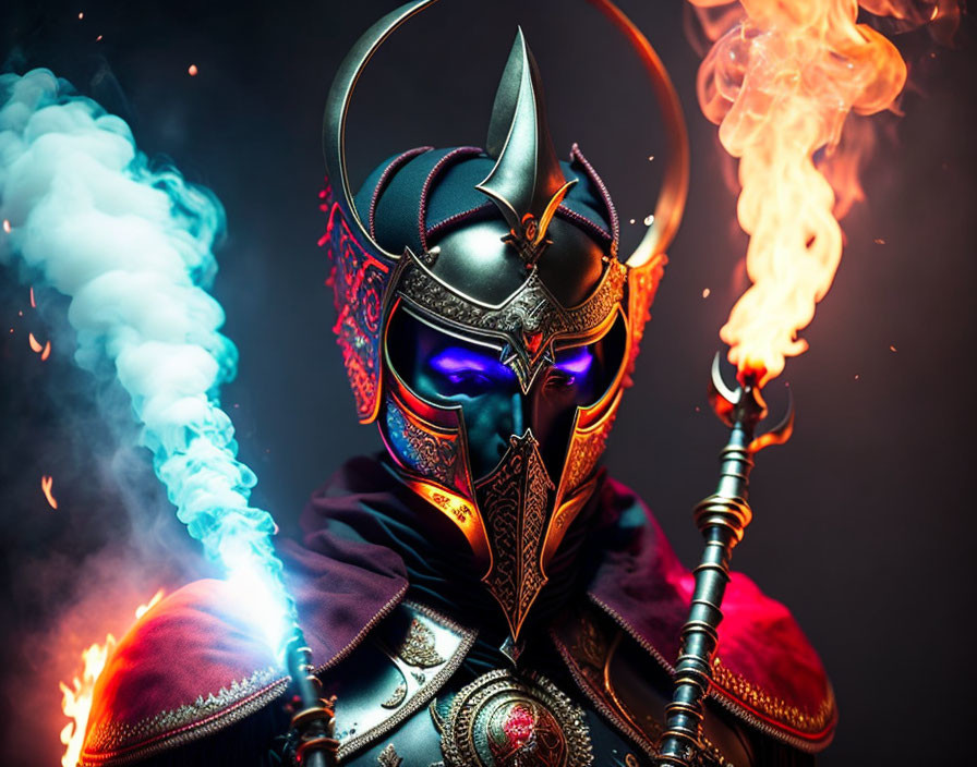 Fantasy character in horned helmet with dual elemental staff on dark backdrop