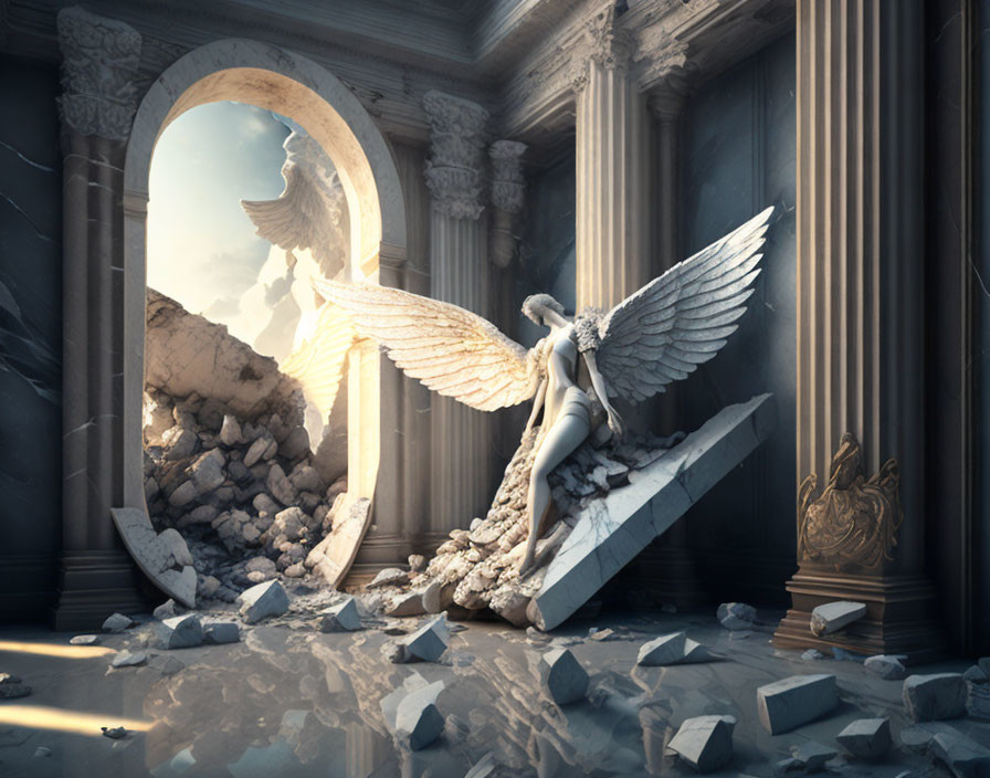 Broken-winged angel statue in ruins with sunlight and dust.