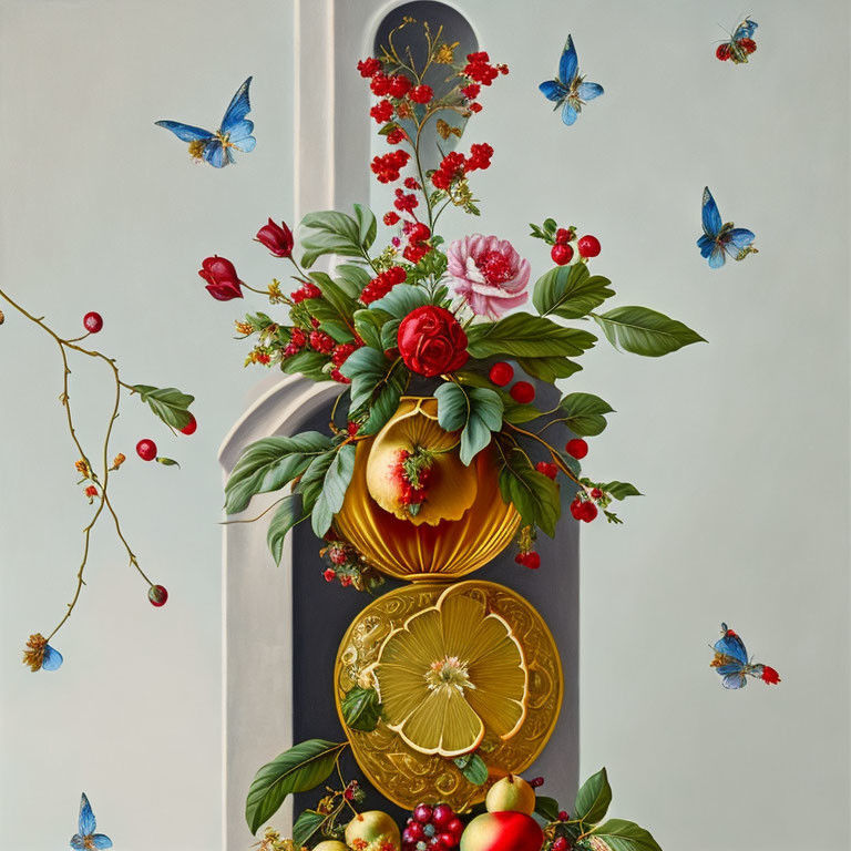 Traditional Still Life Painting with Red Flowers, Butterflies, Lemon, and Berries