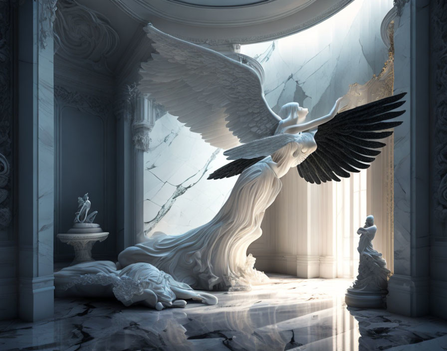 Serene marble room with angelic statue and grand wings