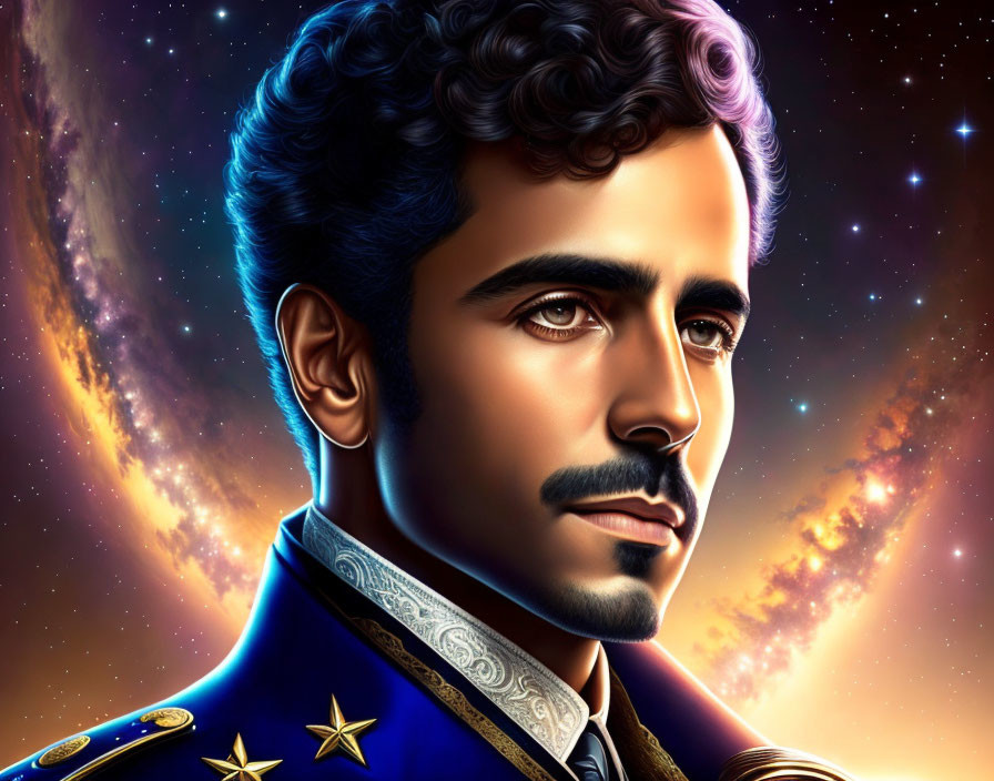 Man with Mustache in Regal Military Uniform on Cosmic Background