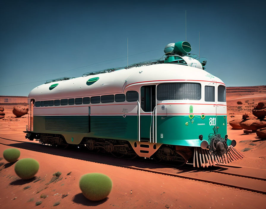 Vintage Train Locomotive in Desert Landscape with Red Sand and Spherical Plants