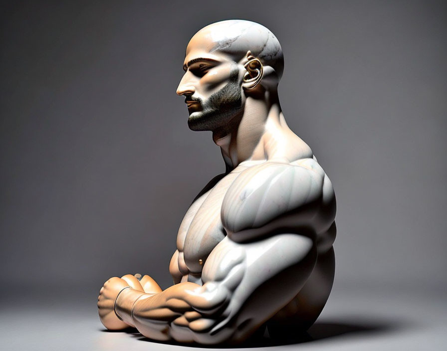 Muscular stone-textured male figure in contemplative pose