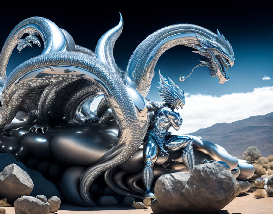 Metallic Blue Dragon Resting on Boulders Under Cloudy Sky