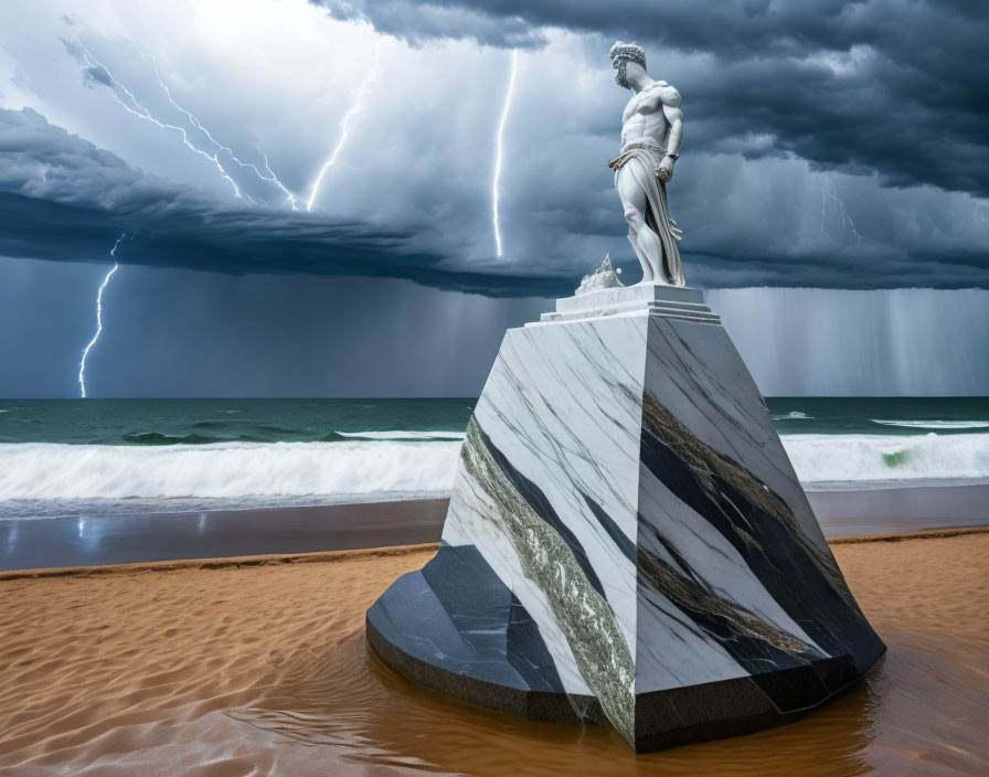 Statue on geometric marble pedestal in stormy beach setting